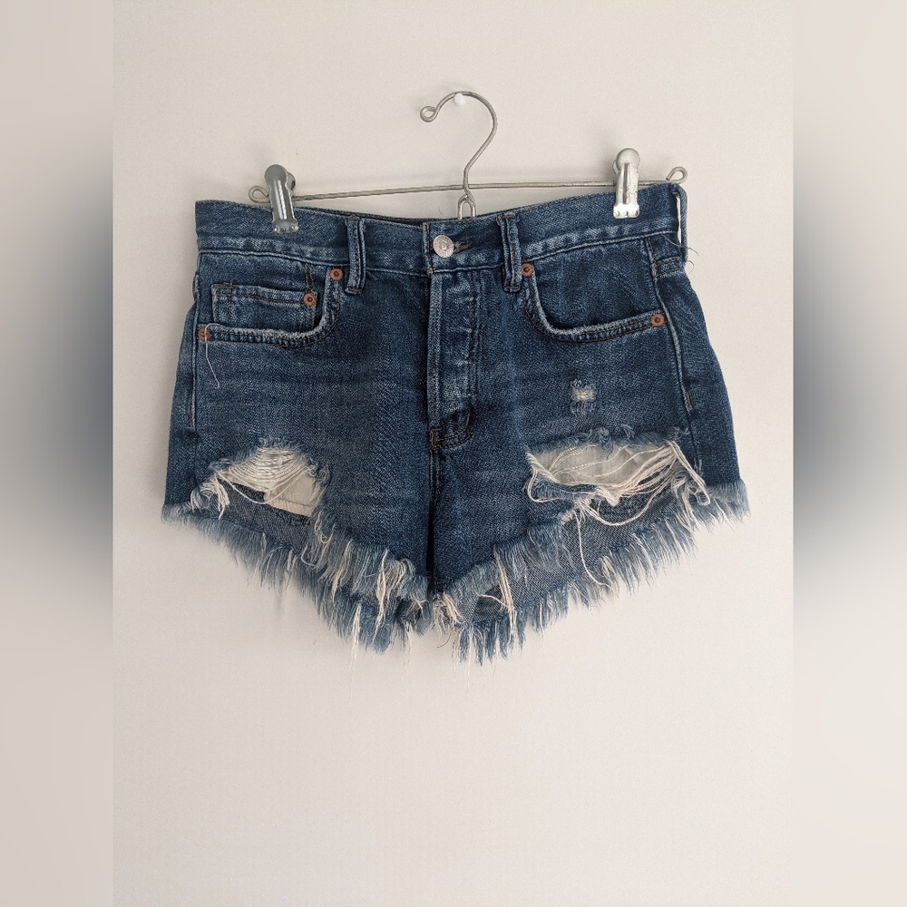 Free People Mid Rise Distressed Jean Shorts - Blue